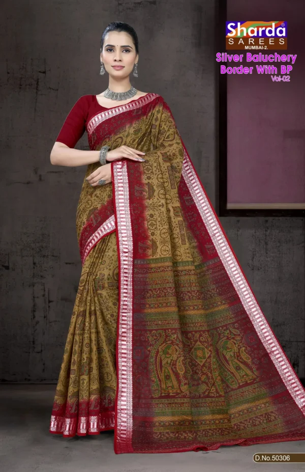 Silver Baluchery BP Beige Red Saree by Sharda Sarees featuring artistic traditional woven detailing