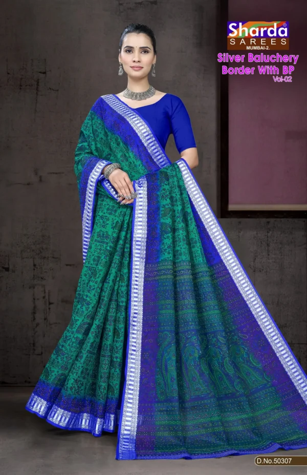 Silver Baluchery BP Blue Green Saree by Sharda Sarees featuring traditional artistic woven detailing