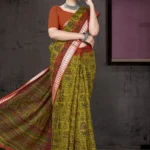 Silver Baluchery BP Olive Green Saree by Sharda Sarees featuring traditional Baluchery artwork and festive styling