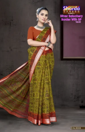 Silver Baluchery BP Olive Green Saree by Sharda Sarees featuring traditional Baluchery artwork and festive styling