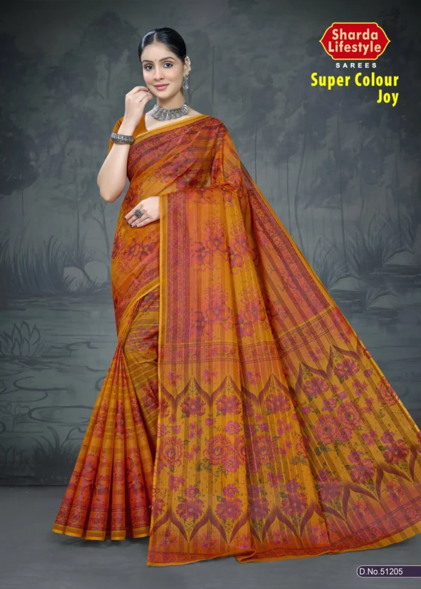 Super Colour Joy Mustard Orange Floral Designer Saree by Sharda Sarees with elegant traditional styling