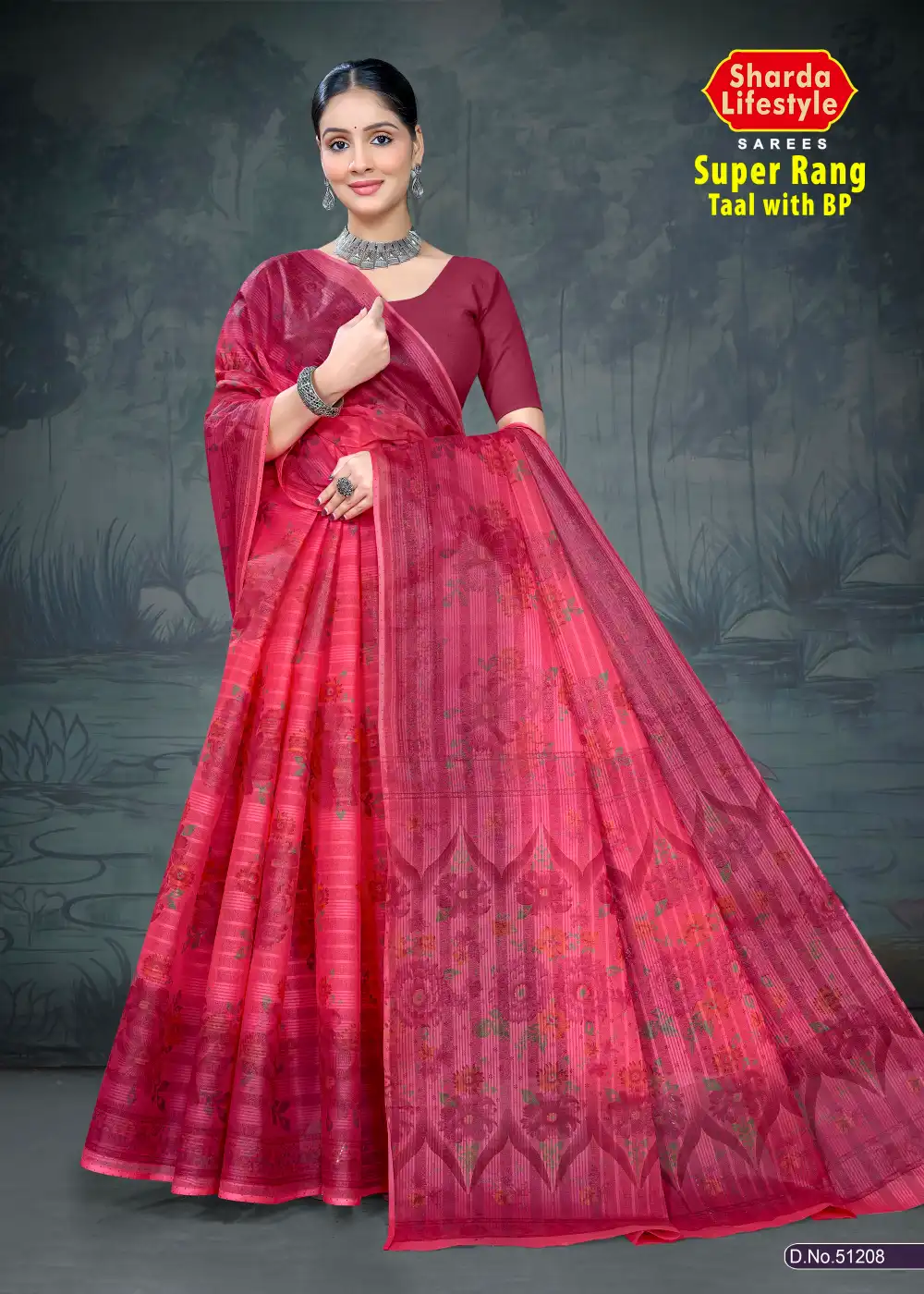 Super Rang Taal Pink Printed Saree with Floral Motifs by Sharda Sarees