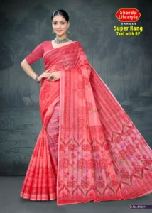 Super Rang Taal Peach Pink Printed Saree with Floral Motifs by Sharda Sarees
