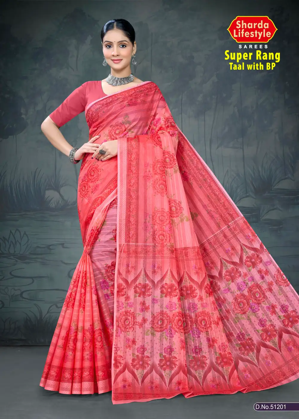Super Rang Taal Peach Pink Printed Saree with Floral Motifs by Sharda Sarees