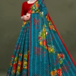 Wild Flower Satin Patta Teal Blue Floral Pure Cotton Saree with Red Border by Sharda Sarees
