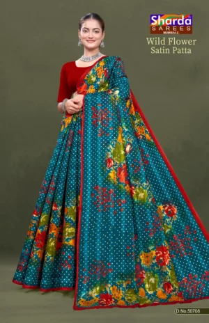 Wild Flower Satin Patta Teal Blue Floral Pure Cotton Saree with Red Border by Sharda Sarees