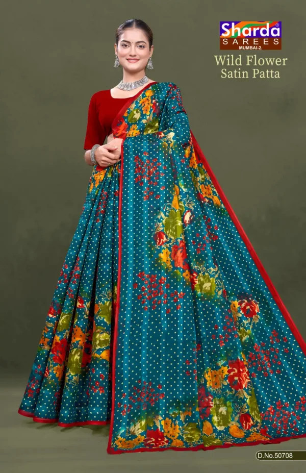 Wild Flower Satin Patta Teal Blue Floral Pure Cotton Saree with Red Border by Sharda Sarees