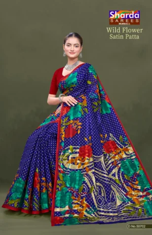 Wild Flower Satin Patta Blue Floral Pure Cotton Saree with Red Border by Sharda Sarees