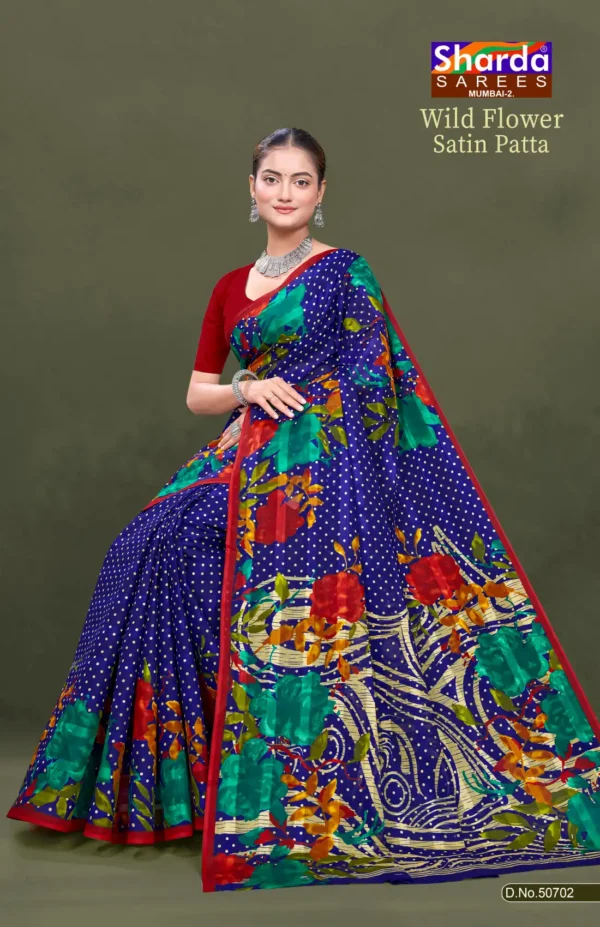 Wild Flower Satin Patta Blue Floral Pure Cotton Saree with Red Border by Sharda Sarees