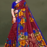 Wild Flower Satin Patta Maroon Floral Pure Cotton Saree with Blue Border by Sharda Sarees