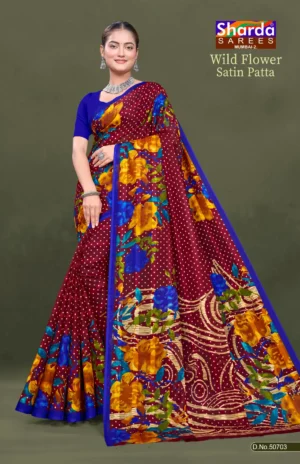 Wild Flower Satin Patta Maroon Floral Pure Cotton Saree with Blue Border by Sharda Sarees
