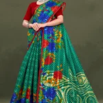 Wild Flower Satin Patta Green Floral Pure Cotton Saree with Red Border by Sharda Sarees