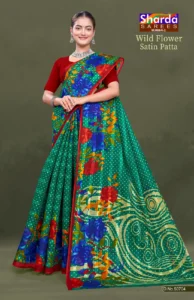 Wild Flower Satin Patta Green Floral Pure Cotton Saree with Red Border by Sharda Sarees