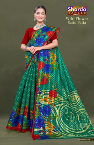 Wild Flower Satin Patta Green Floral Pure Cotton Saree with Red Border by Sharda Sarees