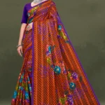 Wild Flower Satin Patta Brown Floral Pure Cotton Saree with Purple Border by Sharda Sarees