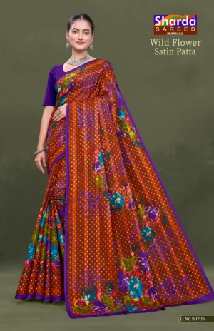 Wild Flower Satin Patta Brown Floral Pure Cotton Saree with Purple Border by Sharda Sarees