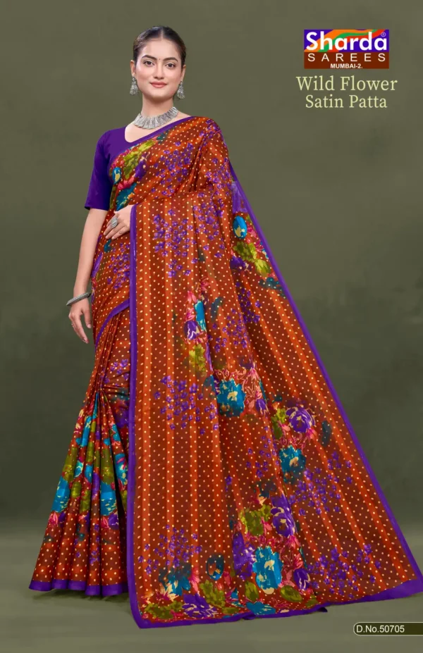 Wild Flower Satin Patta Brown Floral Pure Cotton Saree with Purple Border by Sharda Sarees