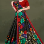 Wild Flower Satin Patta Black Floral Pure Cotton Saree with Red Border by Sharda Sarees