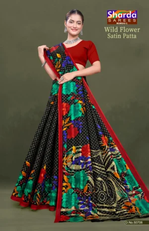 Wild Flower Satin Patta Black Floral Pure Cotton Saree with Red Border by Sharda Sarees
