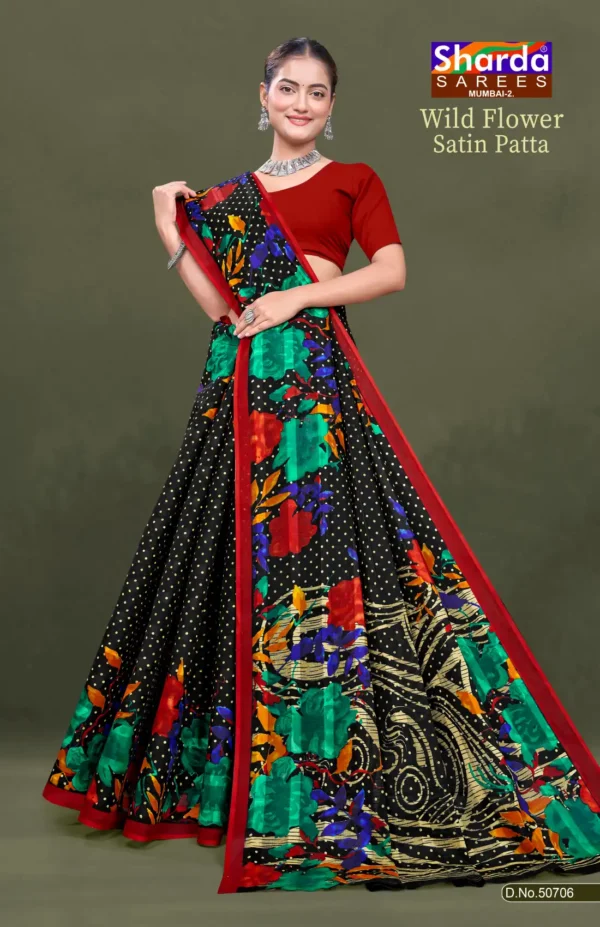 Wild Flower Satin Patta Black Floral Pure Cotton Saree with Red Border by Sharda Sarees