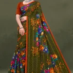 Wild Flower Satin Patta Olive Green Floral Pure Cotton Saree with Orange Border by Sharda Sarees