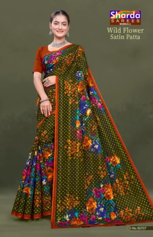 Wild Flower Satin Patta Olive Green Floral Pure Cotton Saree with Orange Border by Sharda Sarees