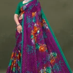 Wild Flower Sartin Patta Purple Floral Pure Cotton Saree with Green Border by Sharda Sarees