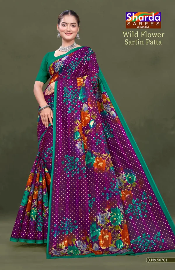 Wild Flower Sartin Patta Purple Floral Pure Cotton Saree with Green Border by Sharda Sarees