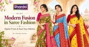 Modern digital print sarees in vibrant dual-tone colour combinations by Sharda Sarees